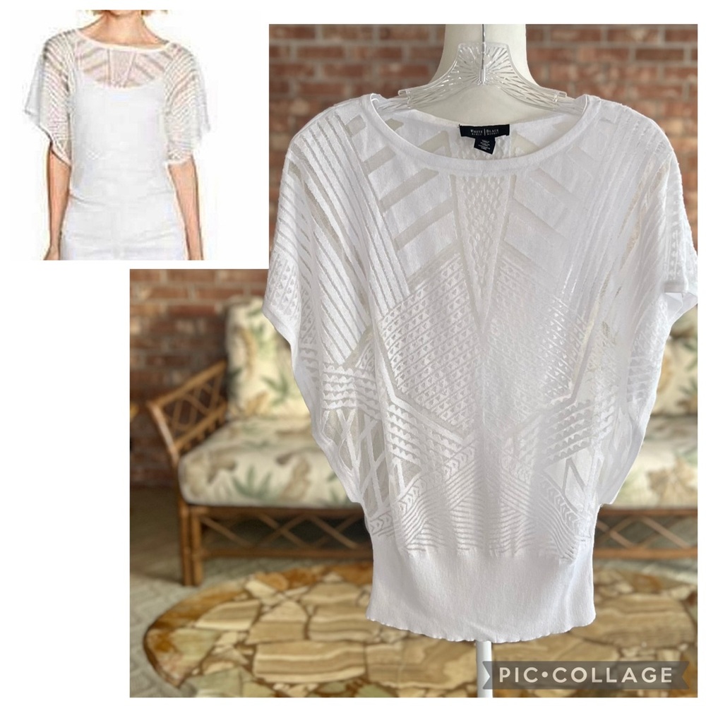 WHBM Top White Blouson Burnout Dolman Sleeve Knit XS Boho Cottagecore Work Chic
